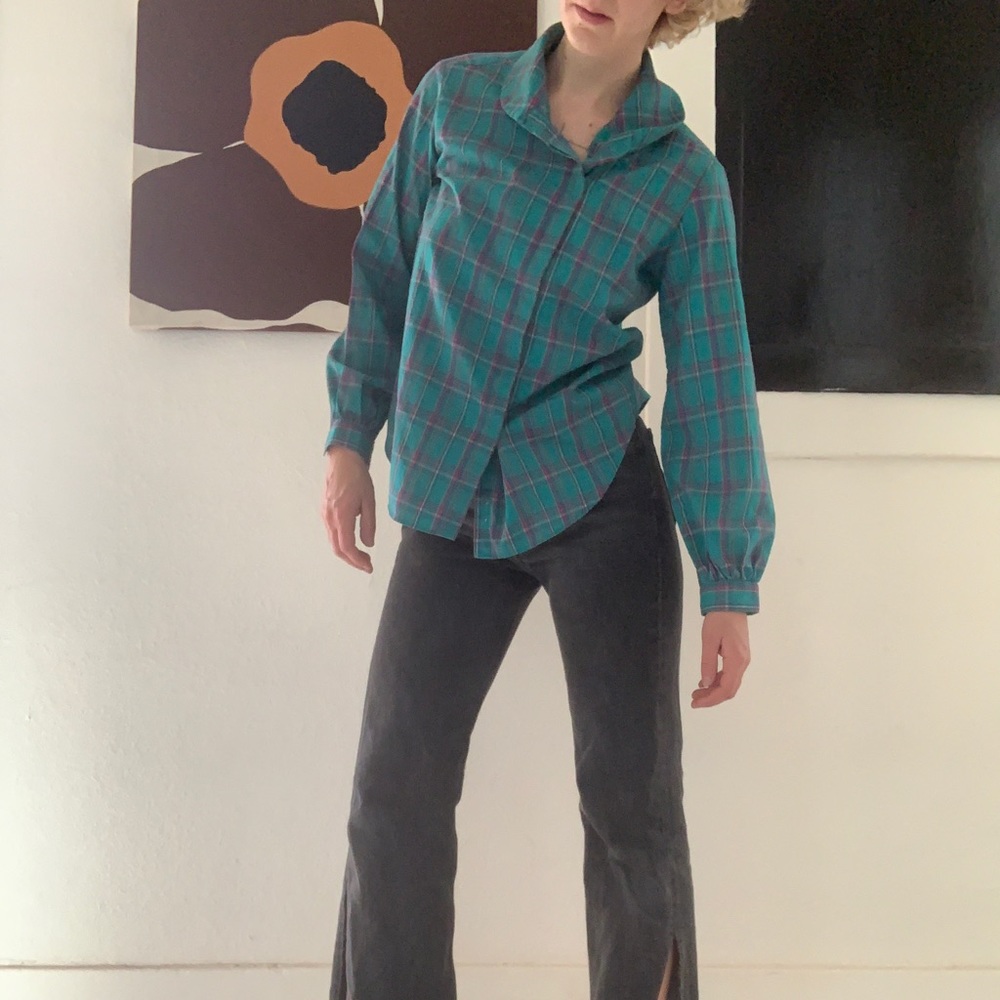 Vintage plaid grid-pattern blouse
